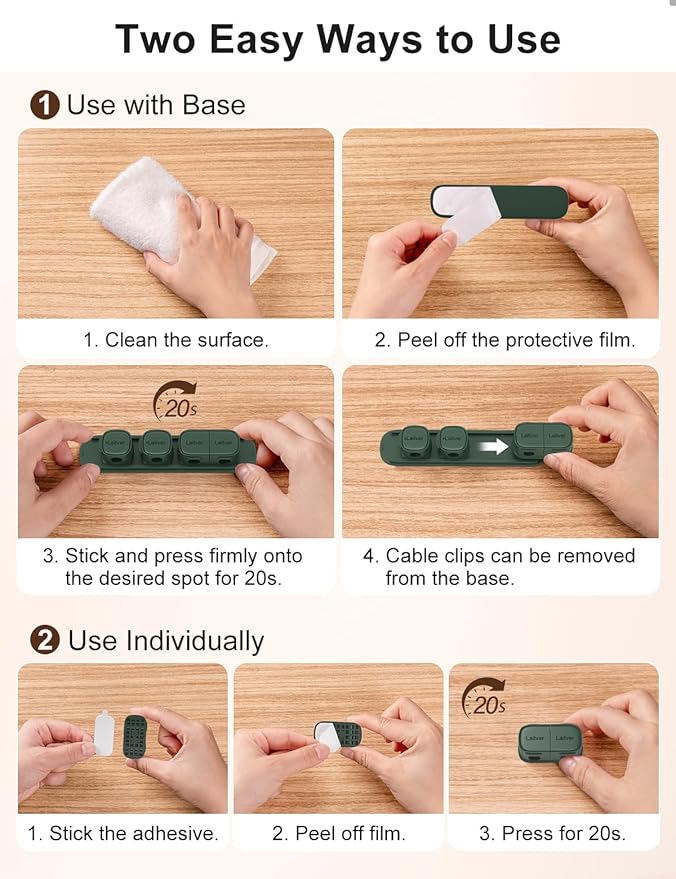 6 Pack Magnetic Cable Clips [1s Open/Lock], Laitver Cord Organizer Holder Strong Adhesive Desk Cable Management- Organize Charging Cords Neatly for Home, Office, Car,Desk, Nightstand-Dark Green