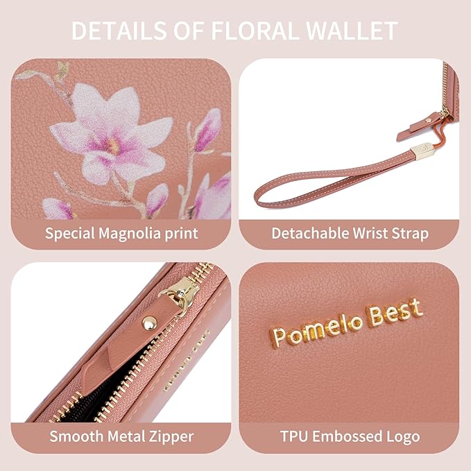 Pomelo Best Womens Wallet RFID Blocking Leather Multi Credit Card Large Capacity Wristlet Zip Around Long Wallets for Lady