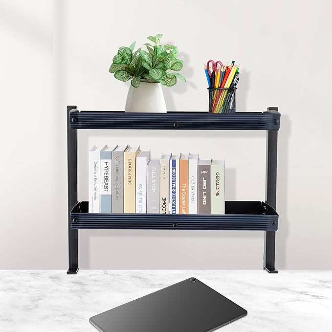 Clamp-on Desk Shelf, Desktop or Under-Desk 2-Tier Shelving Unit with Adjustable Metal Storage Tray, Clip-on Desk Shelf Office Organization (Black)