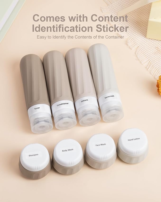 Mrsdry Travel Bottles for Toiletries 8 Pack, Travel Size Toiletries, Tsa Approved Travel Size Containers 3oz, with Travel Essentials Clear Bag, Leak Proof Silicone Squeezable Creams Jars