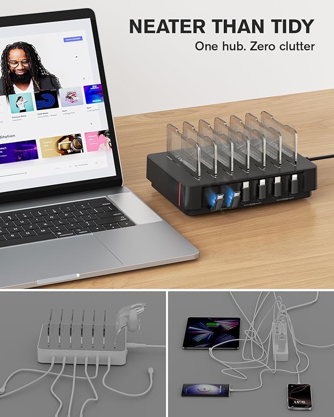 SooPii HomeHub H1 Charging Station for multiple devices,Upgraded 6-Port Desktop Fast Charger with 6 Retractable Cablesï¼?*C+2*iPï¼?60W PD charger station for iPhone/Tablet,Tangle-Free Charging Organizer