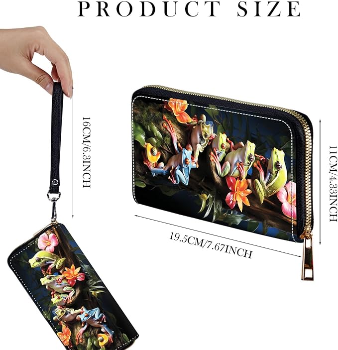 Zip Around Wallets for Women with Detachable Wrist Strap, Large Capacity RFID Blocking Leather Purse Organizer Card Holder Wristlet,Frog Tree Flower