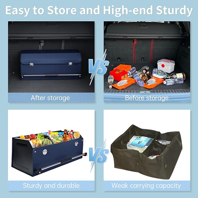Car Trunk Organizer, Collapsible Car Storage Organizer with Lid and Push-pull Handle Leather Trunk Organizer for Suv, Truck, Minivan (Blue, 27.17 x 11.42 x 12.2in)