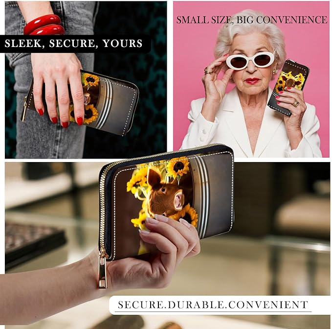 RFID-Blocking Zip Around Wallets for Women with Detachable Wrist Strap,Large Capacity Phone Holder with Card Organizer & Coin Pocket,Cow with Sunflowers