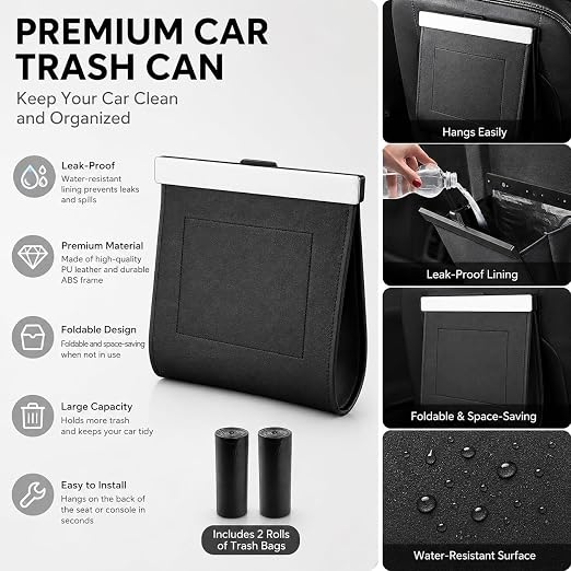 Premium Car Trash Can with Magnetic Lid, Waterproof Leakproof PU Leather Vehicle Garbage Bin, Foldable Hanging Auto Trash Bag for Seat Back Pocket, Fits Cars SUVs Trucks, Includes 2 Rolls Trash Bags