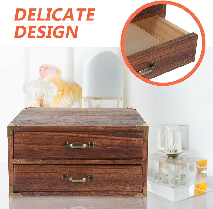 Garneck Wooden Organizer with 2 Drawers Desktop Vintage Storage Box Multifunctional Small Cabinets for Makeup Jewelry File Paper Sundry Containers for Home Office