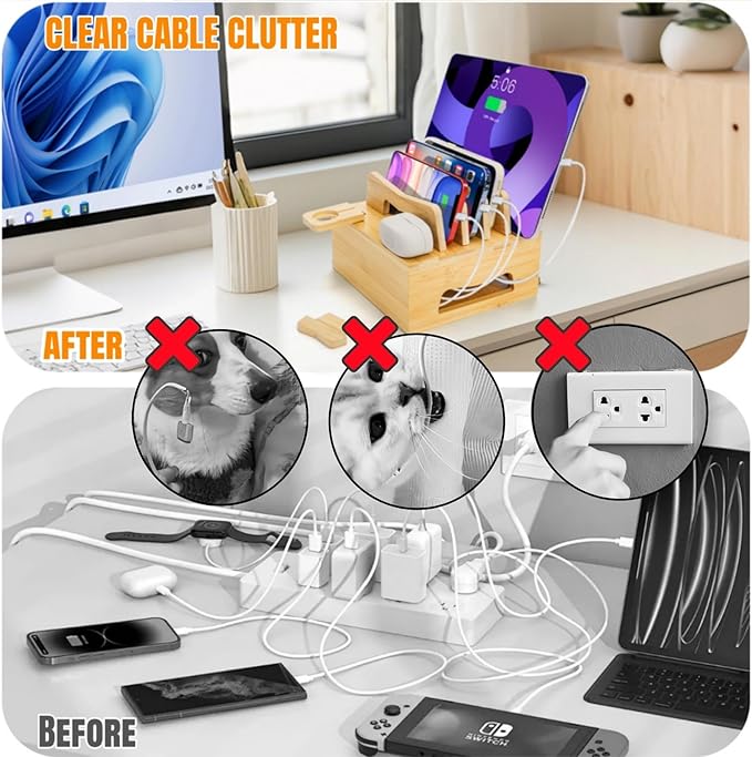 Bamboo Charging Station for Multi Devices, Small Desktop Docking Stand, Cell Phone Docking Station Charger Organizer for Tablets, Smart Watch (No USB Charger No Charging Cables)