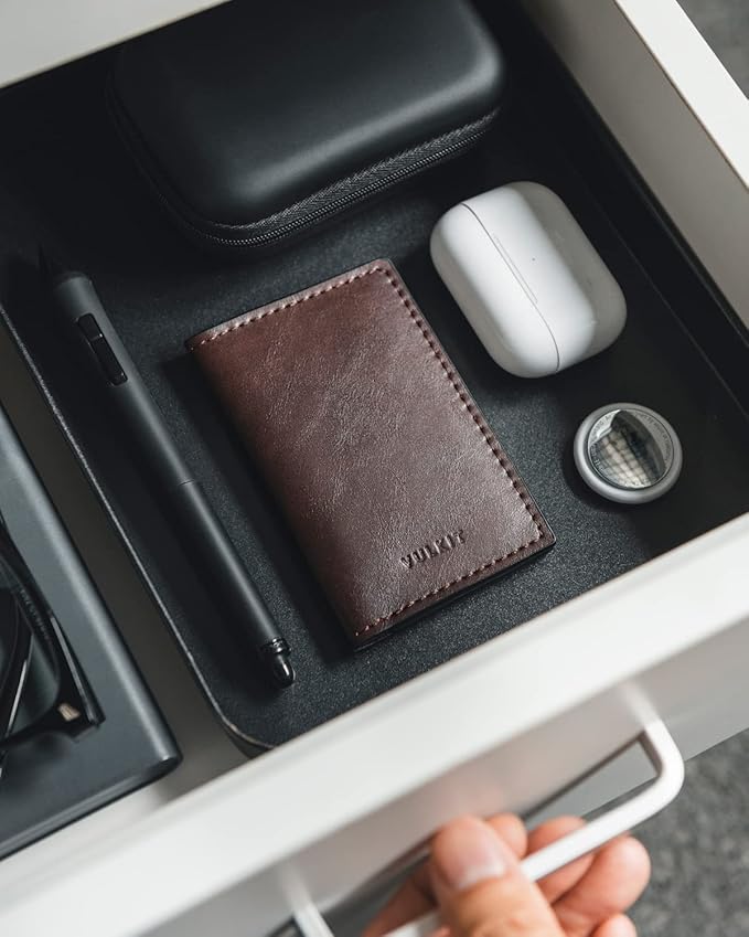 VULKIT Leather Business Card Holder 2 Sided Slim Business Name Card Organizer for Men or Women, Up to hold 20 cards (Vintage Espresso)