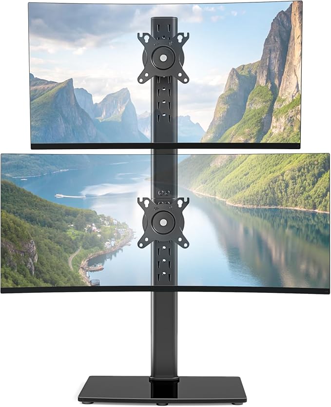 Pegzone Vertical Dual Monitor Stand for 17??4 Inch Screens, Stacked Monitor Mount, Holds up to 33 lbs per Arm, Tabletop Screens Riser with Full Motion, 33.3" Pole 12 Height Settings, 75/100 VESA