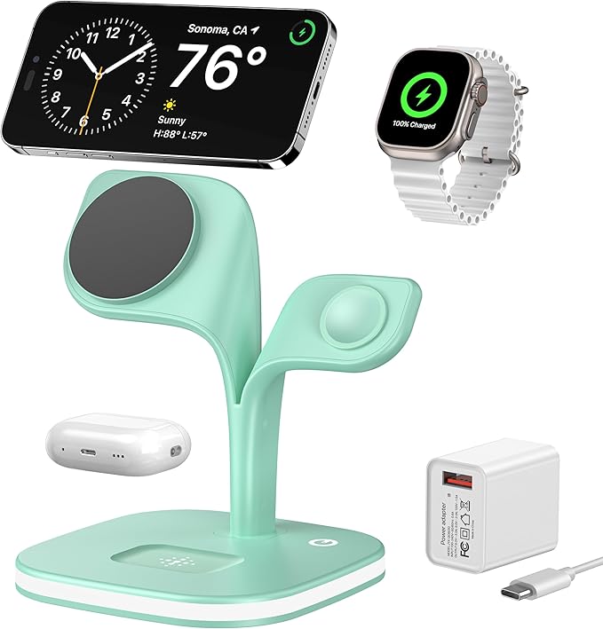 EXW Charging Station, Magnetic Wireless Charger,5 in 1 Fast Wireless Charger Stand for iPhone 17/Air/16/15/14/13/12 Pro/Max/Mini/Plus, Apple Watch 10/9/ 8/7/6/SE/5/4/3/2 and Airpods 3/2/Pro