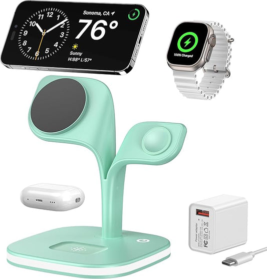 EXW Charging Station, Magnetic Wireless Charger,5 in 1 Fast Wireless Charger Stand for iPhone 17/Air/16/15/14/13/12 Pro/Max/Mini/Plus, Apple Watch 10/9/ 8/7/6/SE/5/4/3/2 and Airpods 3/2/Pro