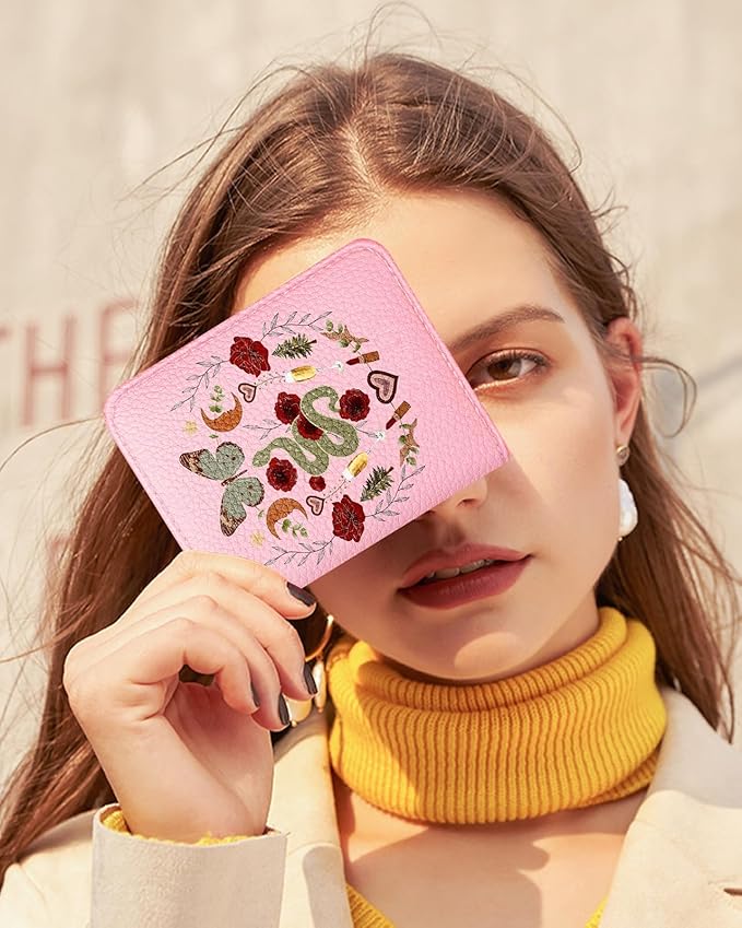 Bistup Credit Card Holder Wallet for Women Cute Leather Ladies Teen Girls Female Cardholder Wallets Accordion Purse Small Medium Aesthetic Merch Print Butterfly Moon Unique Modern Rfid Zipper Around