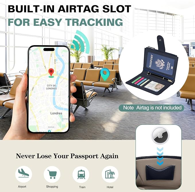 Passport Holder for Travel, Leather Passport Wallet with Airtag Slot, RFID Blocking Travel Wallet for Women Men, Passport Cover with Air Ticket Card Cash Coin Pocket, Travel Essentials Gift