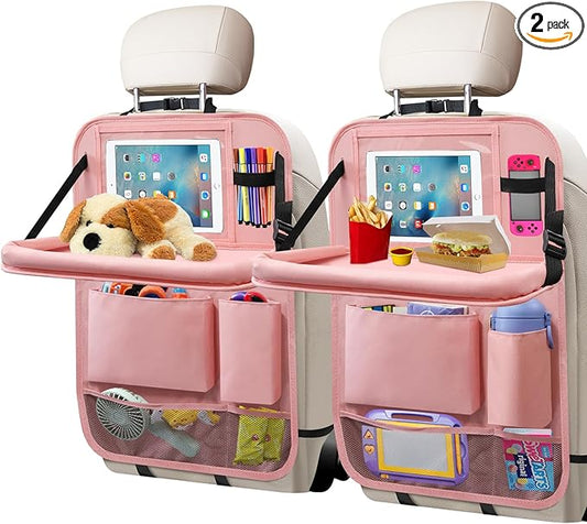 Car Backseat Organizer with Tray, Seat Back Table Holder with 6 Storage Pockets, Car Seat Back Protectors Kick Mats Travel Accessories, 2 Pack Pink