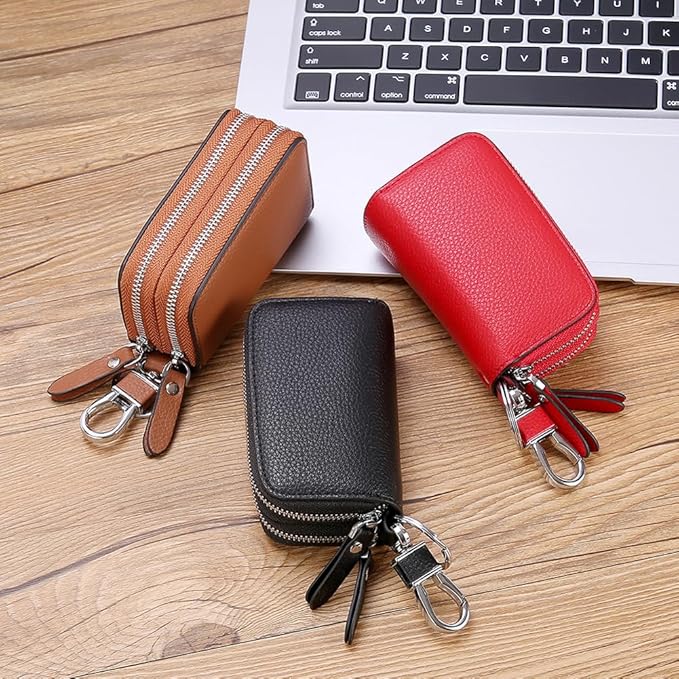 Key Fob Case Genuine Leather, Double Zipper Car Key Holder & Key Wallet with Keychain, Key Pouch for Purse Gift