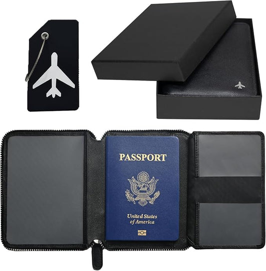 Pilot Wallet Passport Holder RFID Blocking Nappa Leather Travel Wallet, Stylish Travel Companion for Aviation Professionals (Black Silver)