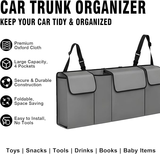 Car Trunk Organizer – Backseat Hanging Large Storage Bag with Adjustable Straps, Waterproof Collapsible Cargo Organizer with 4 Pockets, Space-Saving Trunk Storage for SUV Truck MPV (Grey)