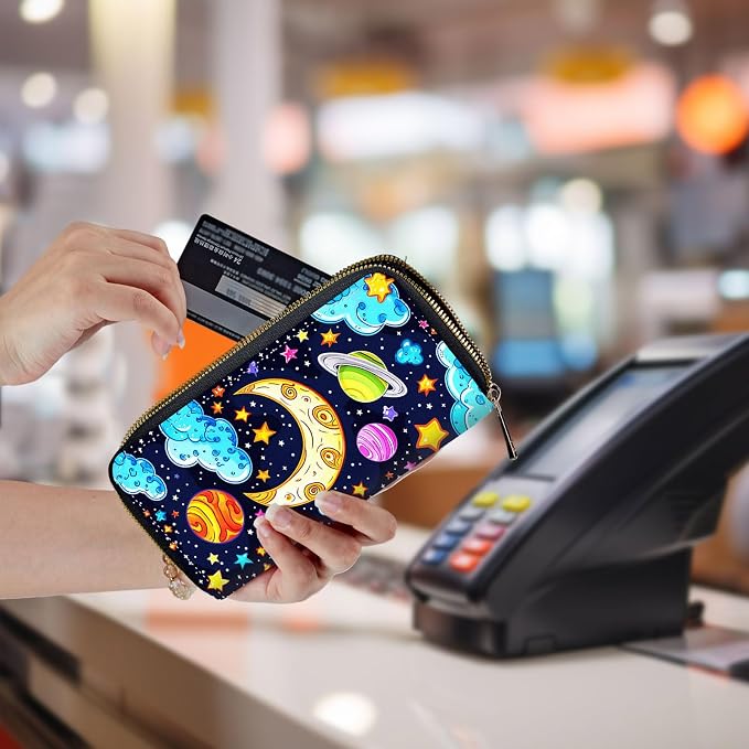 Wallet,Leather Long Wallet Suitable For Ladies And Teenagers - Detachable Wristband + RFID Travel Wallet With Card Slot - Colored Universe