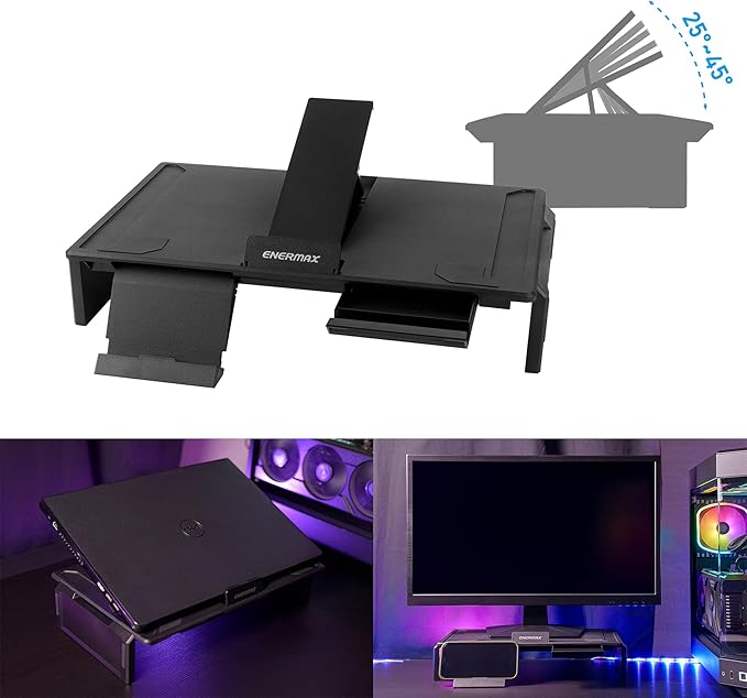 Enermax TANKSTAND-DF Dual-Function Foldable Laptop, Tablet & Monitor Stand w/Tilt Angle Adjustments, Built-in Storage/Phone Stand, Compatible 10" to 15.6", Up to 33lb/15kg (EMS004)
