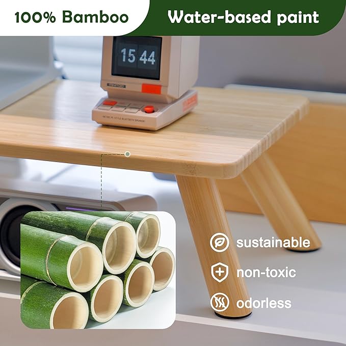 Bamboo Monitor Stand Riser with Cable Routing Slot, Ergonomic Computer Shelf for Desk, Natural Wood Desktop Organizer for Monitor Laptop Printer, Home Office Accessory