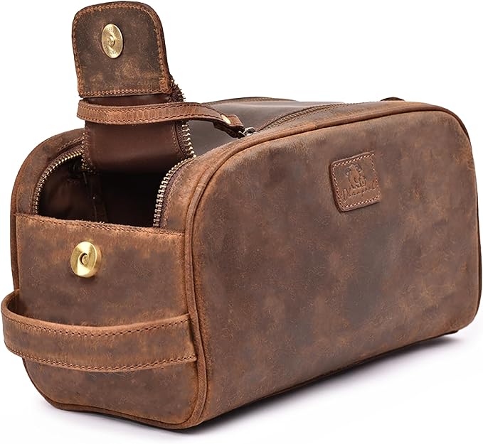 King-Size Premium Leather Toiletry Travel Pouch – Handcrafted Vintage Dopp Kit Bag with Waterproof Lining, Spacious Design for Travel Essentials - Brown