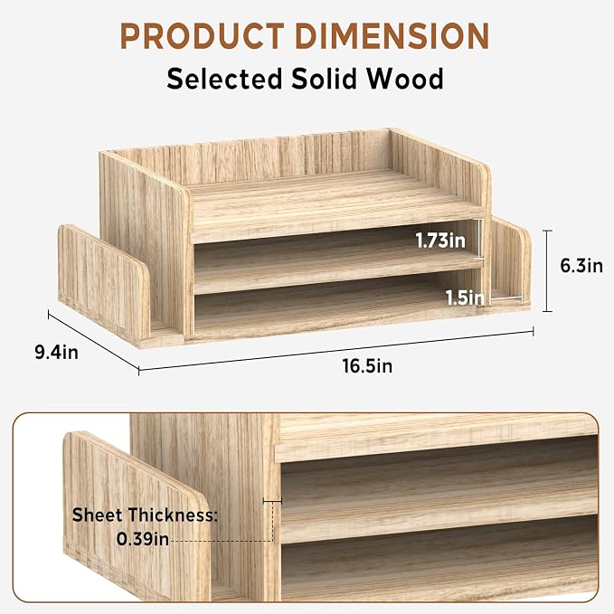 SUPEASY Wooden Desk Organizer, 3-Tier Letter Tray File Organizer with Dual Side Mail Sorter, Solid Wood Desktop Paper Organizer for Office, Home Office, Classroom (Natural Wood)