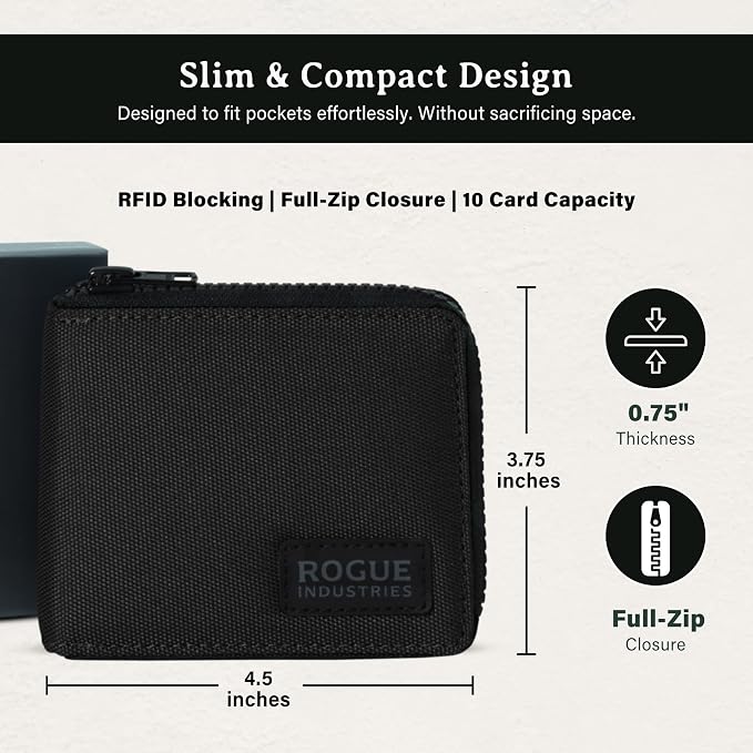 ROGUE WALLET Interior Genuine Leather Wallets for Men - RFID Blocking Robust Outer Nylon Wallets - Full Cash Slot and Expandable Coin Pouch - Gift for Men (Black)