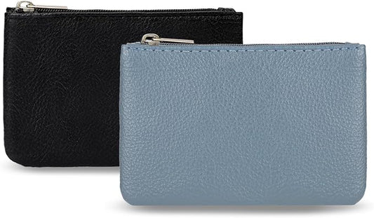 2 Pack Portable PU Leather Zipper Coin Purse - Mini Change Purse for Women, Folded Bills, ID, Key, Headset, Lipstick (Black & Blue)