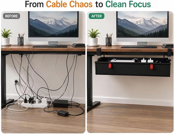Under Desk Cable Management Tray, 90CM Extra Large, No-Drill Clamp Mount Cable Organizer, Hide Power Strips, Adapters & Wires, Easy Access Fabric Cable Basket for Standing Desks & Home Offices