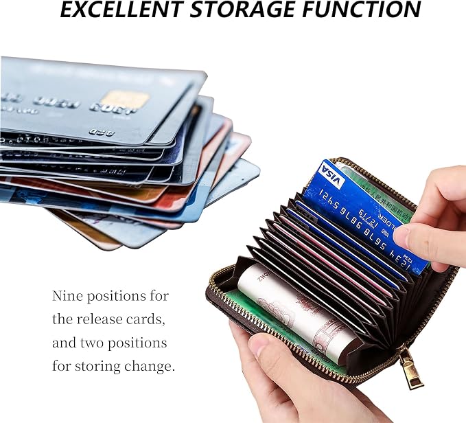Ladies change card bag, zip storage bank card case, small portable 11 large capacity pouch, holds banknote change credit card(Brown woven pattern)