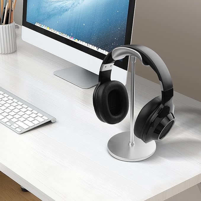 YAODHAOD Desktop Headphone Stand, Aluminum Alloy Headset Stand for Desk with Curved Headphone Rest & Anti-Slip Base,Heavy Base Desk Stand Headphones Support Accessory (Black)