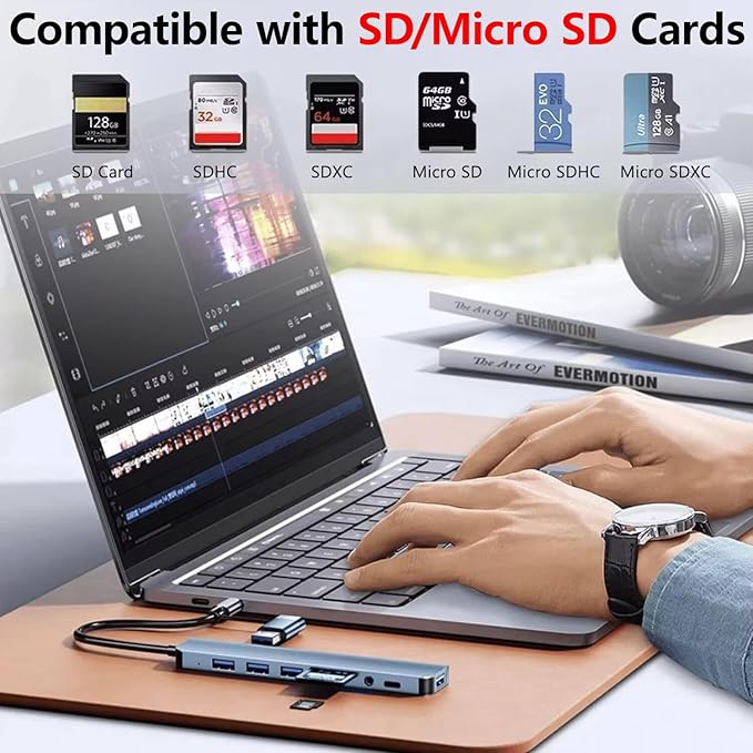 USB Hub 3.0 USB C Hub with SD Card Reader Audio Jack 8 in 1 USB Extender Splitter Multiport Dongle Adapter for MacBook Pro Air and More PC/Laptop/Tablet Devices