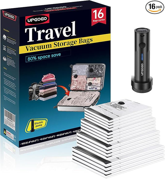 UPGOGO Travel Vacuum Bags for Luggage with Portable Electric Pump,Vacuum Seal Bags for Clothing,Packing Cubes Compression,Cruise Ship and Travel Essentials(Combo 16 Pack)