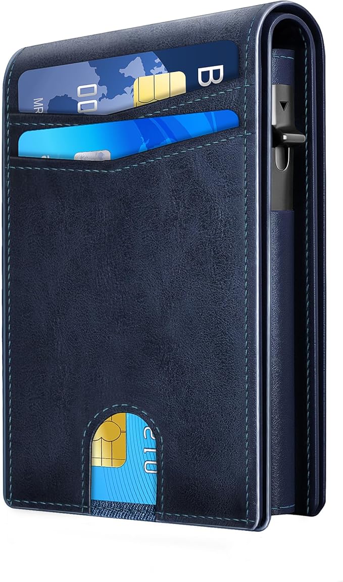 QLD Wallet for Men - RFID Blocking [Functional & Practical] Bifold Slim Minimalist Credit Card Holder Pop Up Metal Case with Cash Slot, Front Pocket with ID Window, Gift Boxed