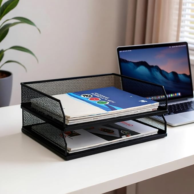 Paper Tray Desk Organizer, 2 Pack Stackable Letter File Tray, Wire Mesh Desktop Organizer, Front-Load Metal A4 Paper Sorter Documents Storage Holder Tray for Office Supplies Home School Classroom