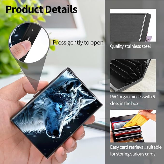 Metal Wallet, Credit Card Holder for Women Men Girls, RFID Blocking Aluminum Wallet Slim Hard Case, Mini Travel Wallet, ID Card Holder Business Card Case,Wolf