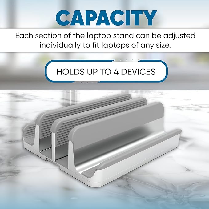 Elestoria 4- Slot Vertical Laptop Stand - Aluminum Laptop Stand Vertical for Desk - Fits MacBook Pro/Air, Surface, Mobiles & Gaming Laptops up to 17.3" - Heavy Duty Laptop Holder for Desk - Silver