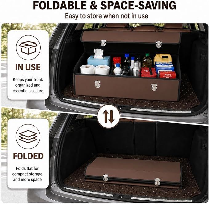 Car Trunk Organizer with Lid, Foldable Faux Leather Storage Box | Foldable design, faux leather exterior, 3 compartments