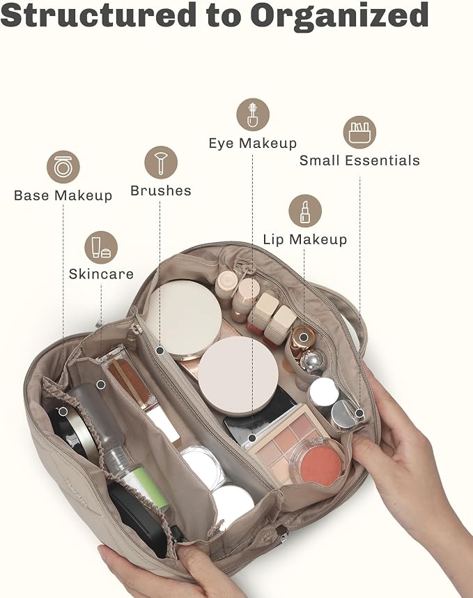 Hynes Eagle Travel Makeup Bag for Women Puffy Cosmetic Organizer Pouch Open Flat Toiletry Bag for Toiletries Brushes Structured Base Classic Camel