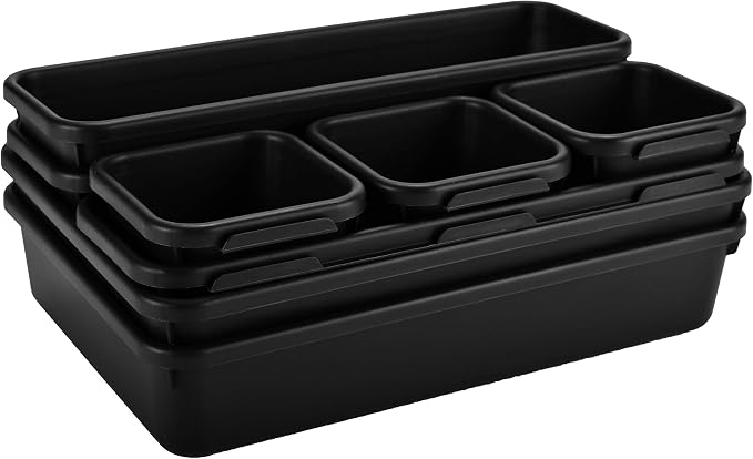 Interlocking Drawer Organizer Bins 8 Piece, Desk Junk Drawer Tray - Masirs | Tool Box Organizer Tray, Kitchen Office Garage, Modular Plastic, 3 Sizes (2 Lg 3 Med 3 Sm), Black, Custom Layout