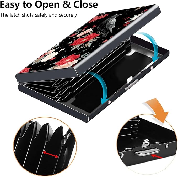 Credit Card Holder Crow Flower Design Mini RFID Blocking Aluminum Wallet Slim Metal Hard Cover Shell Travel Wallet ID Cases Small Credit Cards Case Business Cards for Women Men Girls