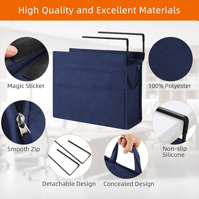 MASTLU Under Desk Hanging Storage Bag, Desk Organizer Storage, Office Side Storage Bag, Compatible with A4 Files, Detachable Handle Design, No Assembly Required, for Office Home School (Navy Blue)