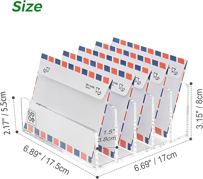 Lovemolly 5-Slot Clear Acrylic Mail Holder – Vertical Letter Sorter & Desk Organizer for Bills, Envelopes & Notebooks, Compact 6.88 x 6.69 x 3.93 in