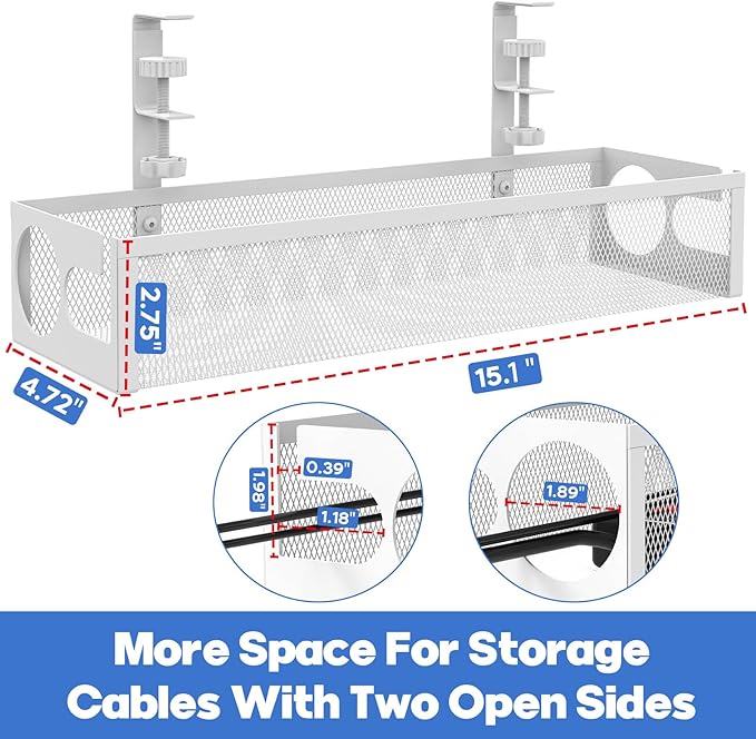 Under Desk Cable Management Tray No Drill 15.1’’, Metal Mesh Cable Management Box with Hybrid Side Slots & Reinforced Basket,Adjustable Cable Tray with Wire Management for Office Home,1 Pack (White)
