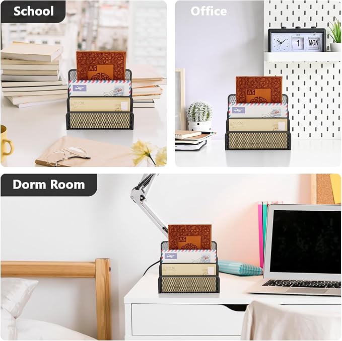 Mesh Mail Organizer 3 Slot Mail Holder for Desk Mesh Letter Sorter File Holder for Home Office Documents, Envelopes, and Postcards Paper Clip Holder set (Black)