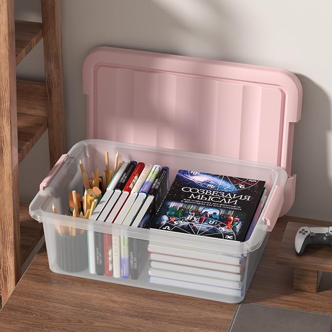 14-Quart Storage Container Bin with Pink Secure Lid and Latch Buckles, Durable Plastic Stackable Nestable Organizin, 2-Pack