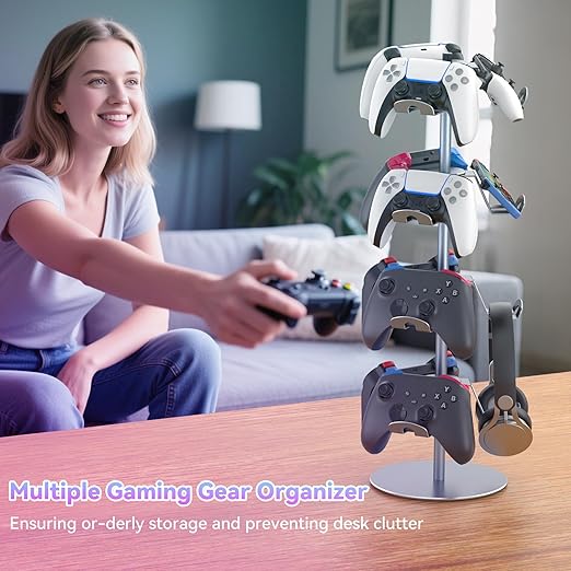 4 Tiers 360 Degree Rotatable Game Controller Stand for PS5 Xbox Nintendo Switch PS4, Aluminum Alloy Headset Controller Holder for Desk, Universal Gaming Headphone Stand Organizer Rack, Grey