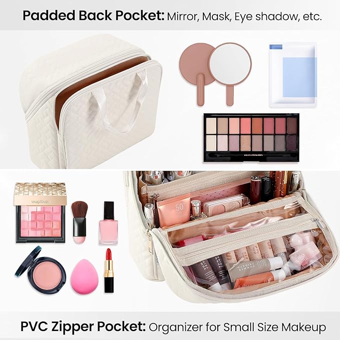 Standing Makeup Bag, Large Capacity with Room for Brushes and Mirror, Travel Makeup Organizer, Portable Stand Up Make Up Case, Waterproof Cosmetic Toiletry Bags with Handle, Color Cream White