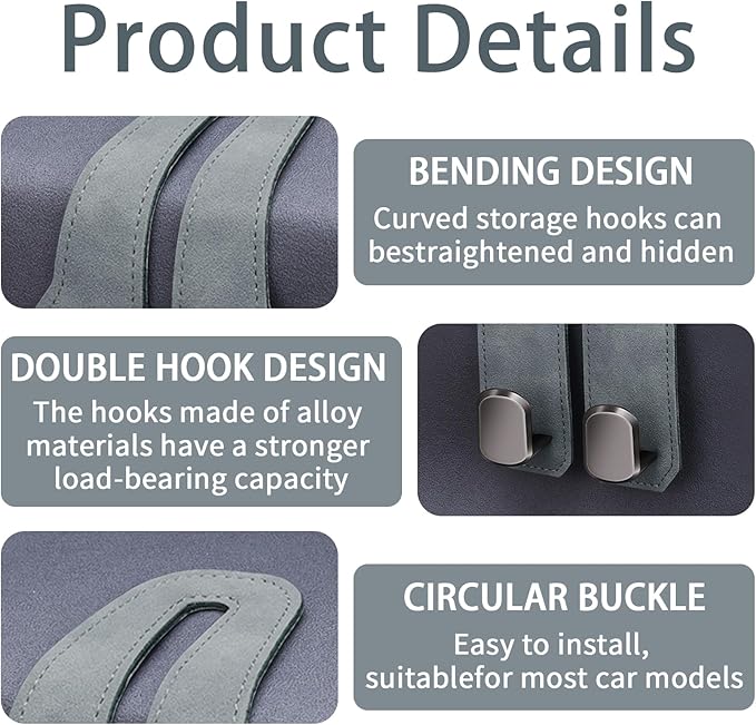 4 Pack Car Seat Headrest Hooks for Purses and Bags, Car Purse Holder With Double Metal Hooks, Headrest Back Seat Handbags Hook, Universal Car Purse Hanger, Cute Car Hanging Accessories, Grey