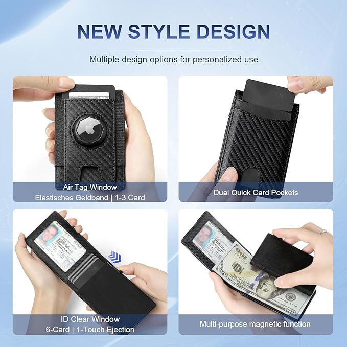Magnetic Wallet with Card Holder for Iphone12~16, Slim & Minimalist Airtag Wallet with RFID Blocking Card Holder, Genuine Leather, Stretch Front Pocket, Carteras Hombres